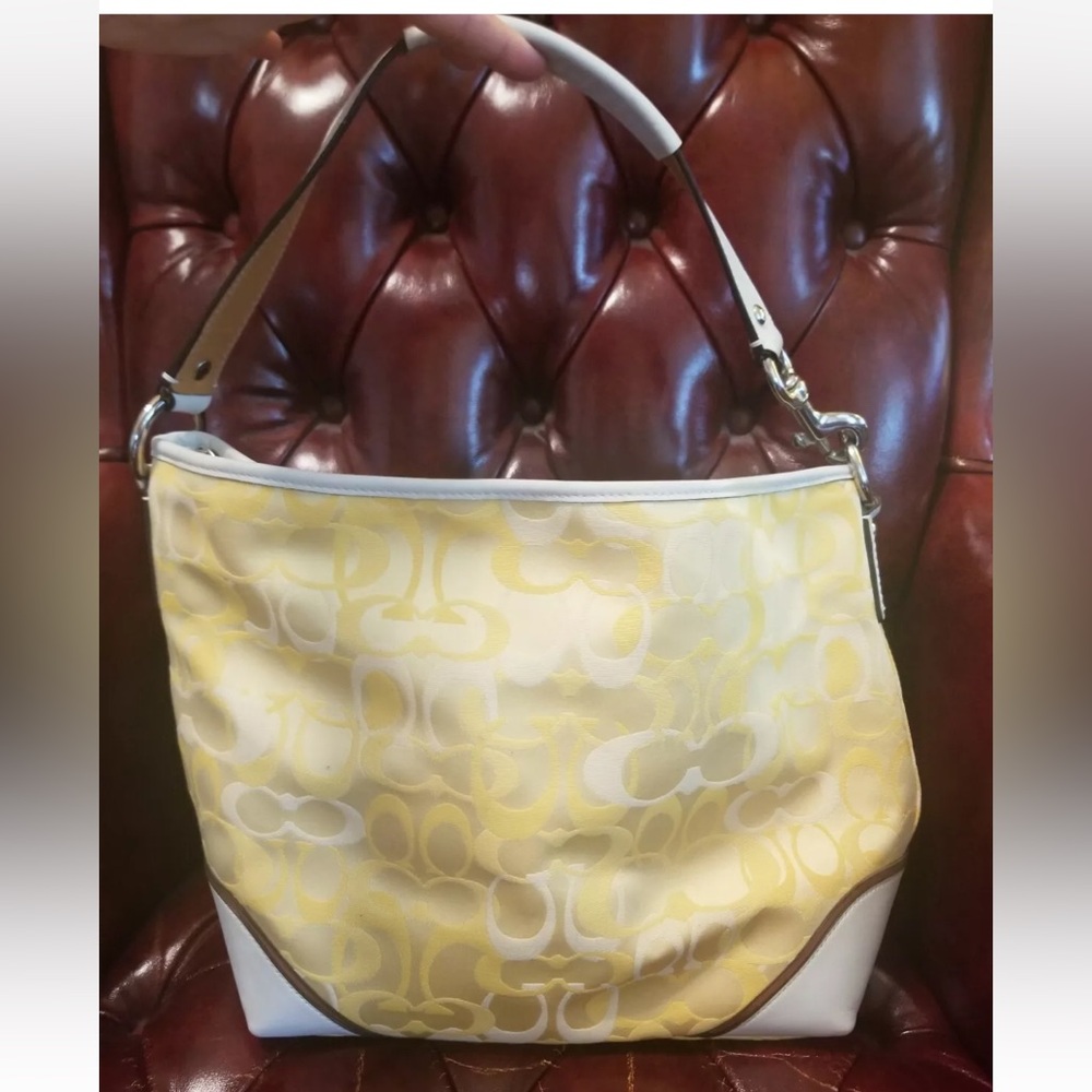 Coach yellow and white large hobo shoulder handbag with tan leather trim - Picture 2 of 7